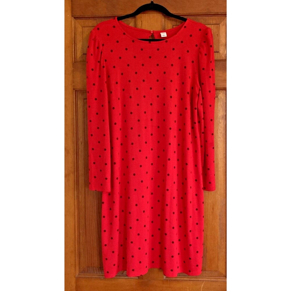 Old Navy Womens L Red Polka Dot Long Sleeve Puffed Shoulder Shift Dress Mod